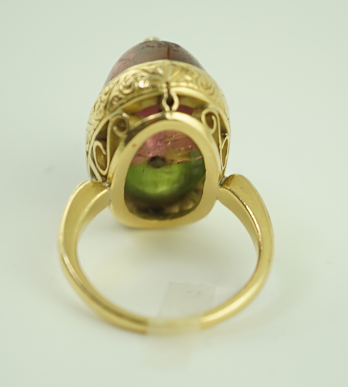 A Victorian 18ct gold and cabochon watermelon tourmaline set dress ring